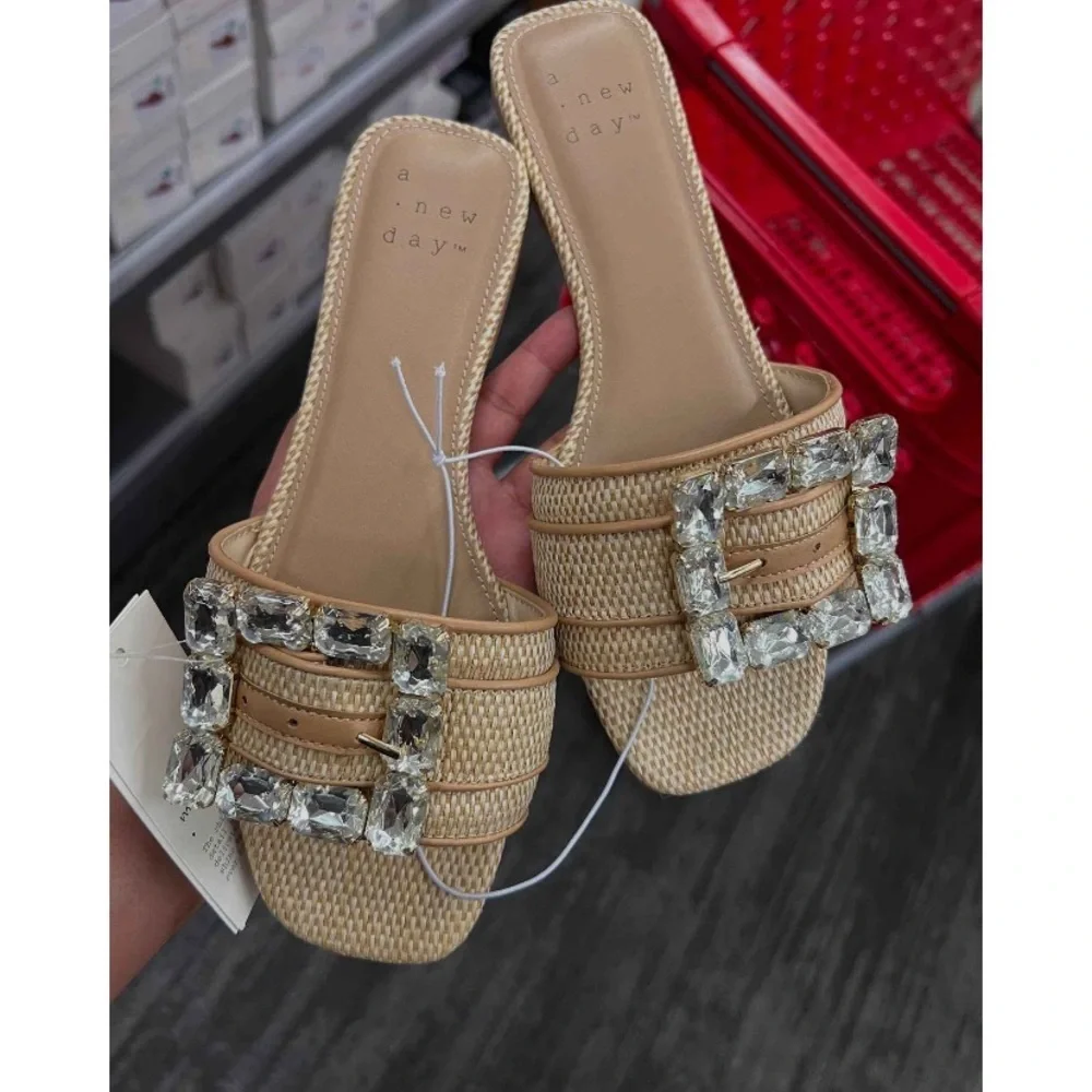 Kelsey Rhinestone Buckle Slide Sandals A New Day Tan Square Toe, Block Heel - Picture 8 of 9